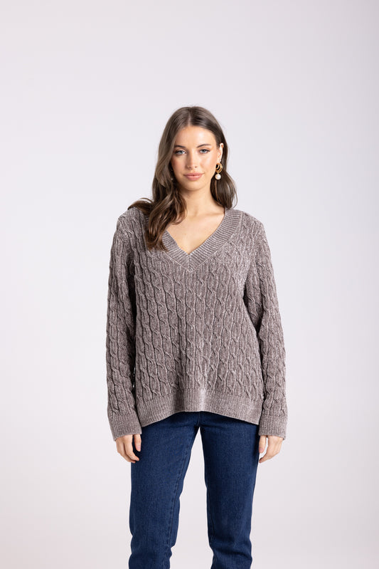 V Neck Chenille Cable Knit