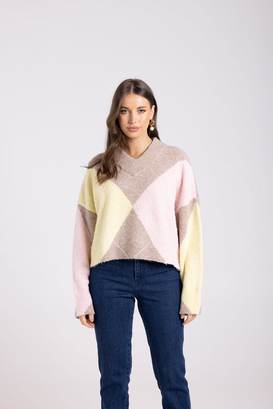 High V Neck Sweater With Diamond Design