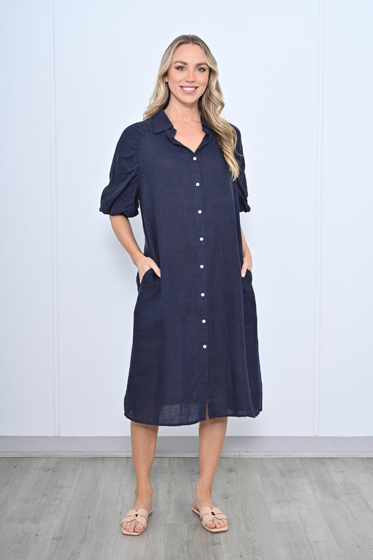 Sadie Puff Sleeve Linen Shirt Dress