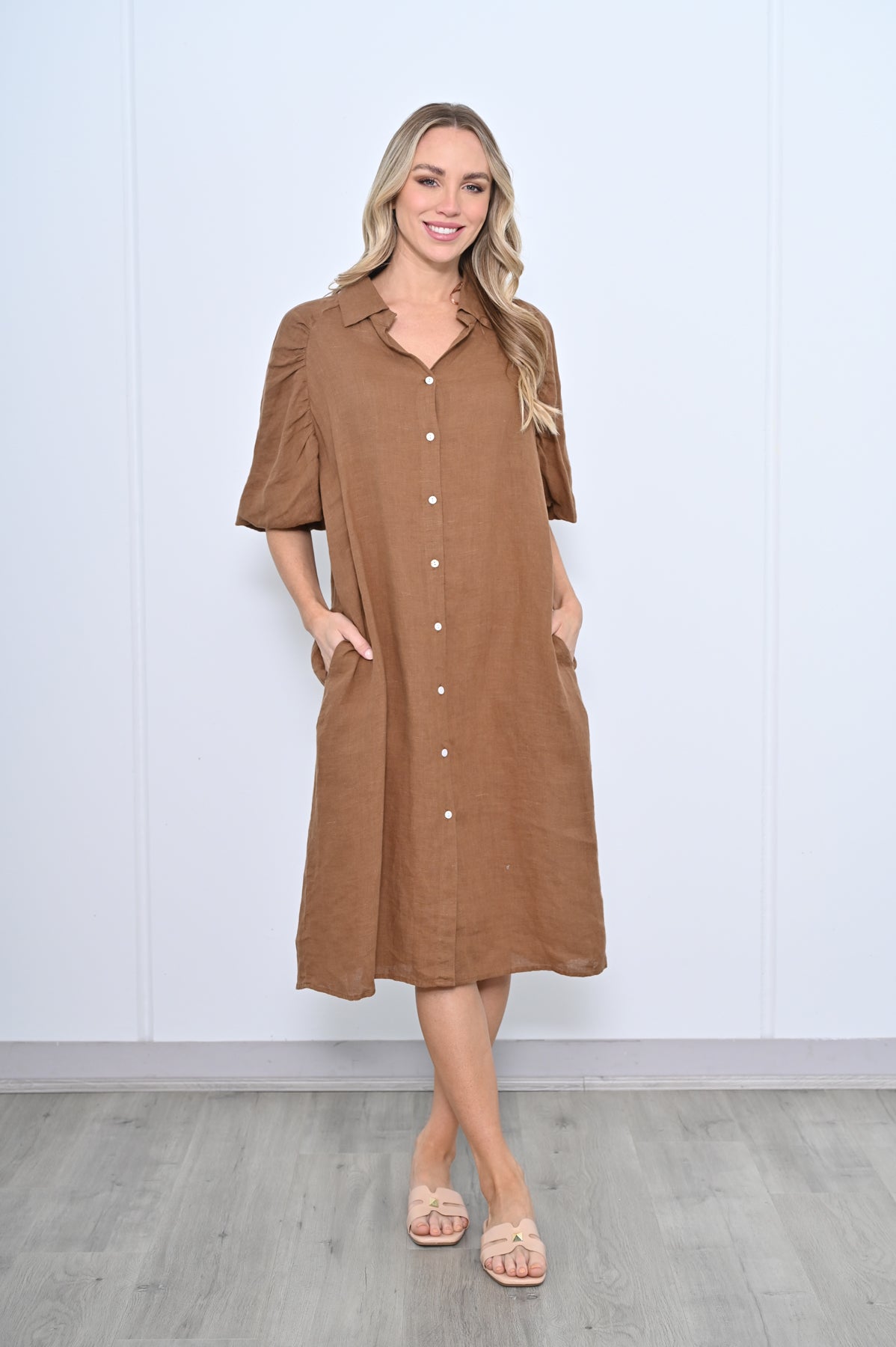 Sadie Puff Sleeve Linen Shirt Dress