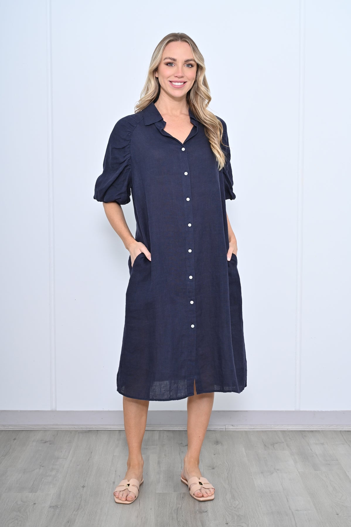 Sadie Puff Sleeve Linen Shirt Dress lolaandsage Sadie Puff Sleeve Linen Shirt Dress lolaandsage